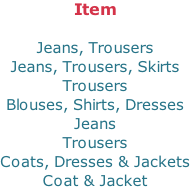 Item  Jeans, Trousers Jeans, Trousers, Skirts Trousers Blouses, Shirts, Dresses Jeans  Trousers Coats, Dresses & Jackets Coat & Jacket